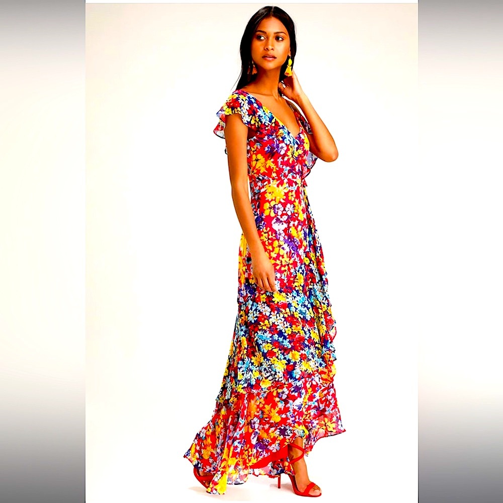 NWT Radiant Ruby Red Floral Print Chiffon Maxi Dress Size S